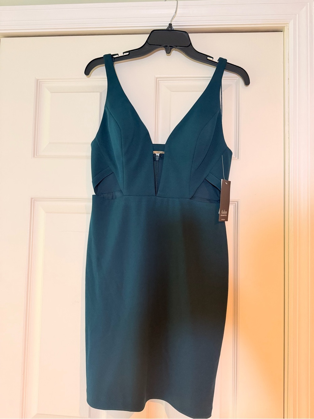 Aidan Mattox Teal V-Neck Midi Sheath Dress